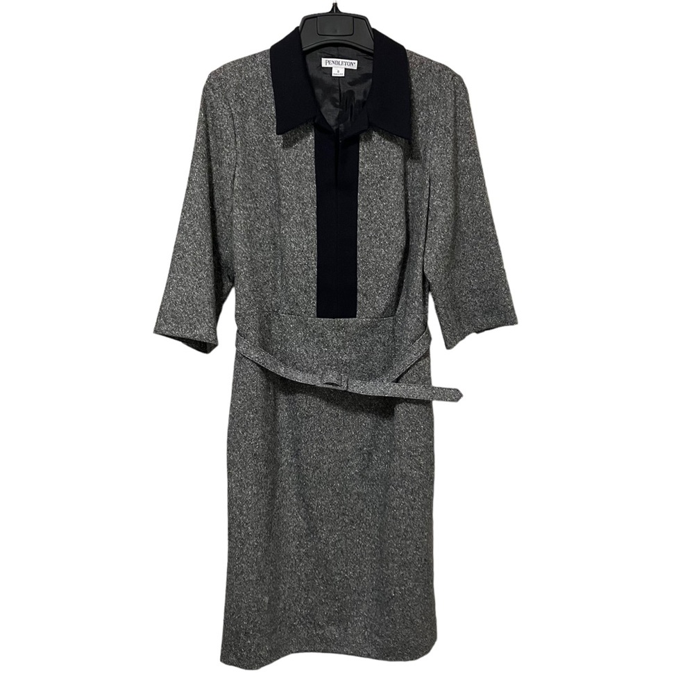 Pendleton Vintage Wool Silk Blend Grey and Black Belted Collared Dress Size 8